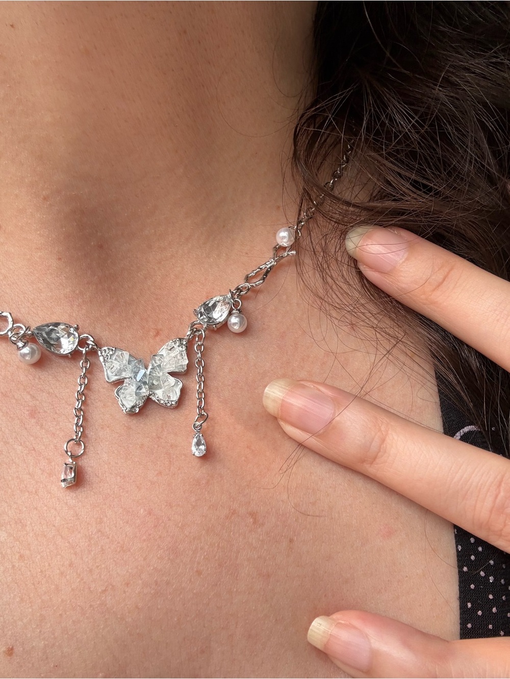 Fairy Coquette Silver Butterfly Crystal Necklace Pearl Dainty Y2K Fairy